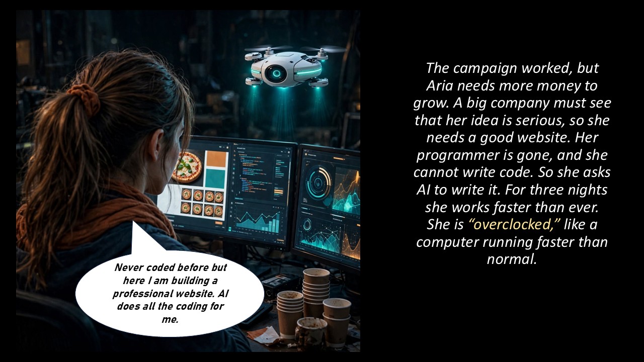 Aria is seen from behind, looking at two monitors filled with code and design mockups while Kite hovers above