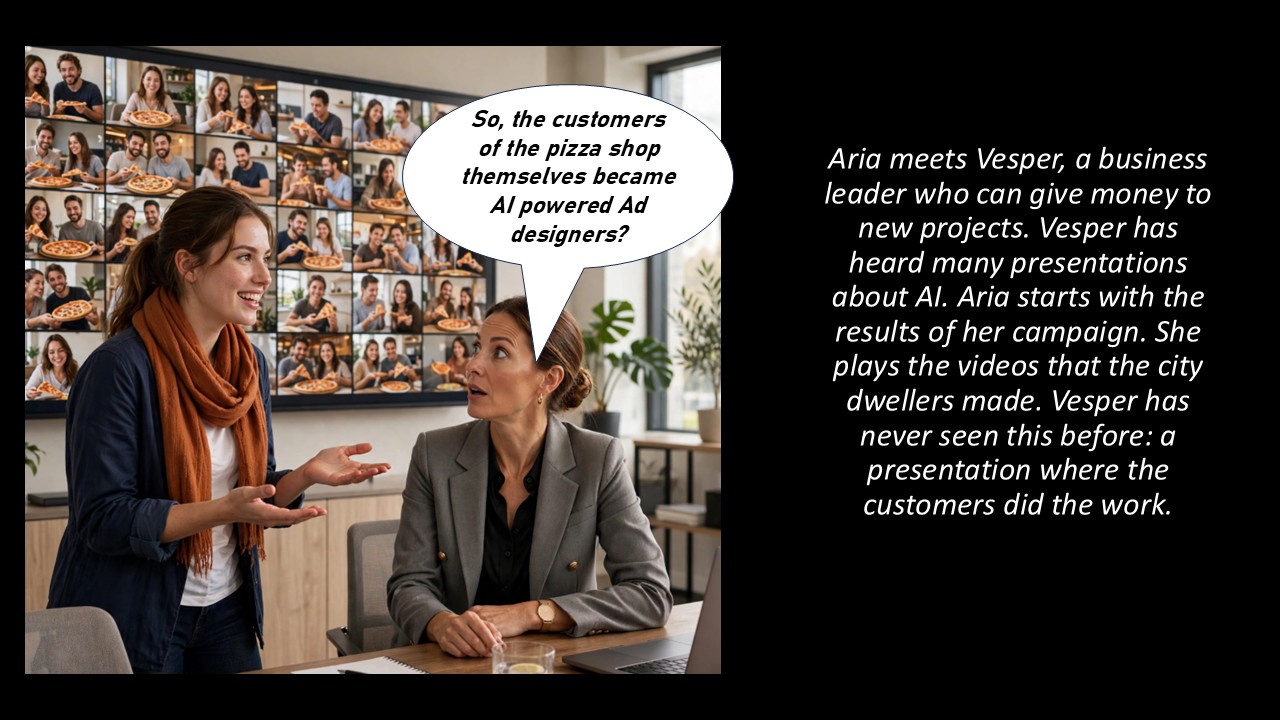 Aria stands in a modern office pitching to Vesper, a business leader, with a large screen behind them showing a grid of the neighbours' videos