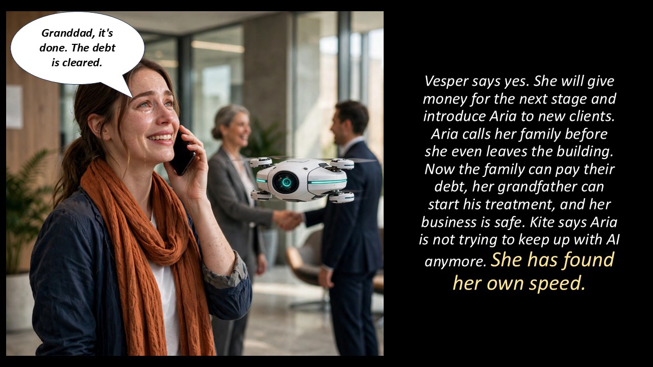 Aria smiles holding her phone to her ear while in the background Vesper shakes hands with another executive and Kite hovers nearby