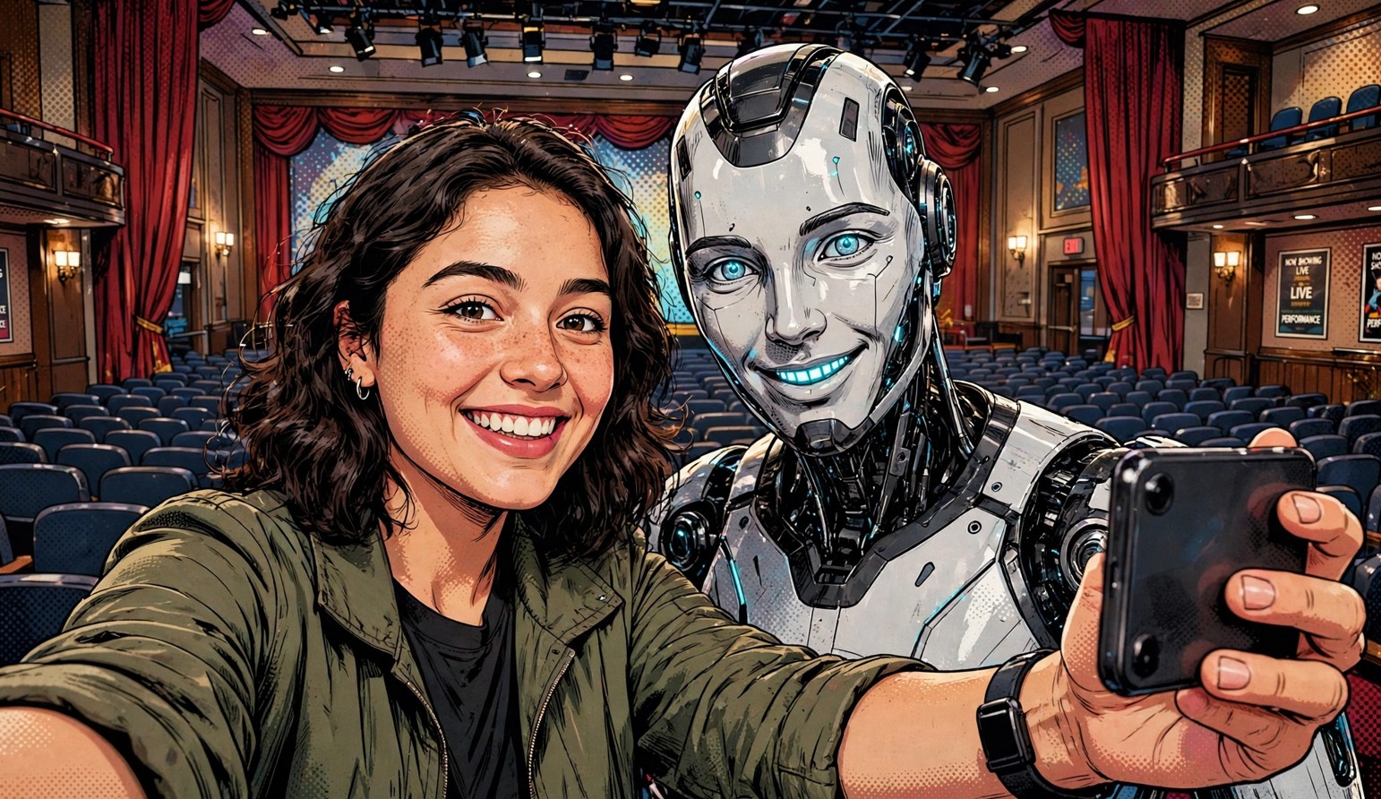 A person stepping onto a softly lit stage as a glowing portrait of themselves appears on a screen behind them, in sci-fi comic style