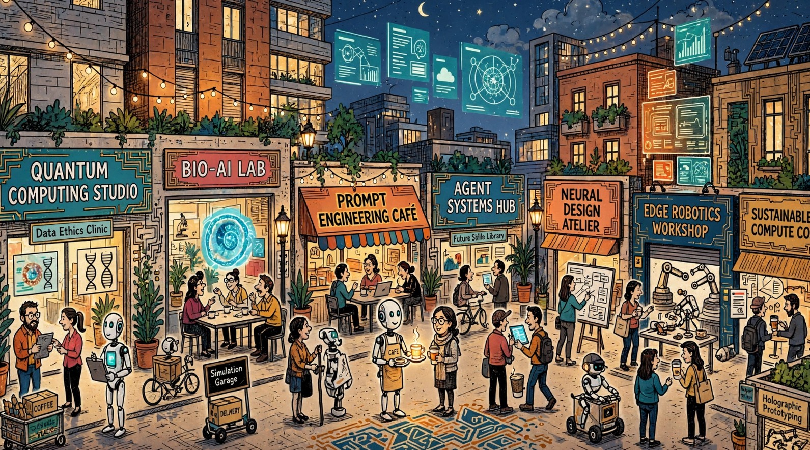 A crowded night-time city square in sci-fi caricature style, with about eleven business signboards including Quantum Computing Studio, Bio-AI Lab, Prompt Engineering Café and Agent Systems Hub, with robots and people mingling under holographic displays