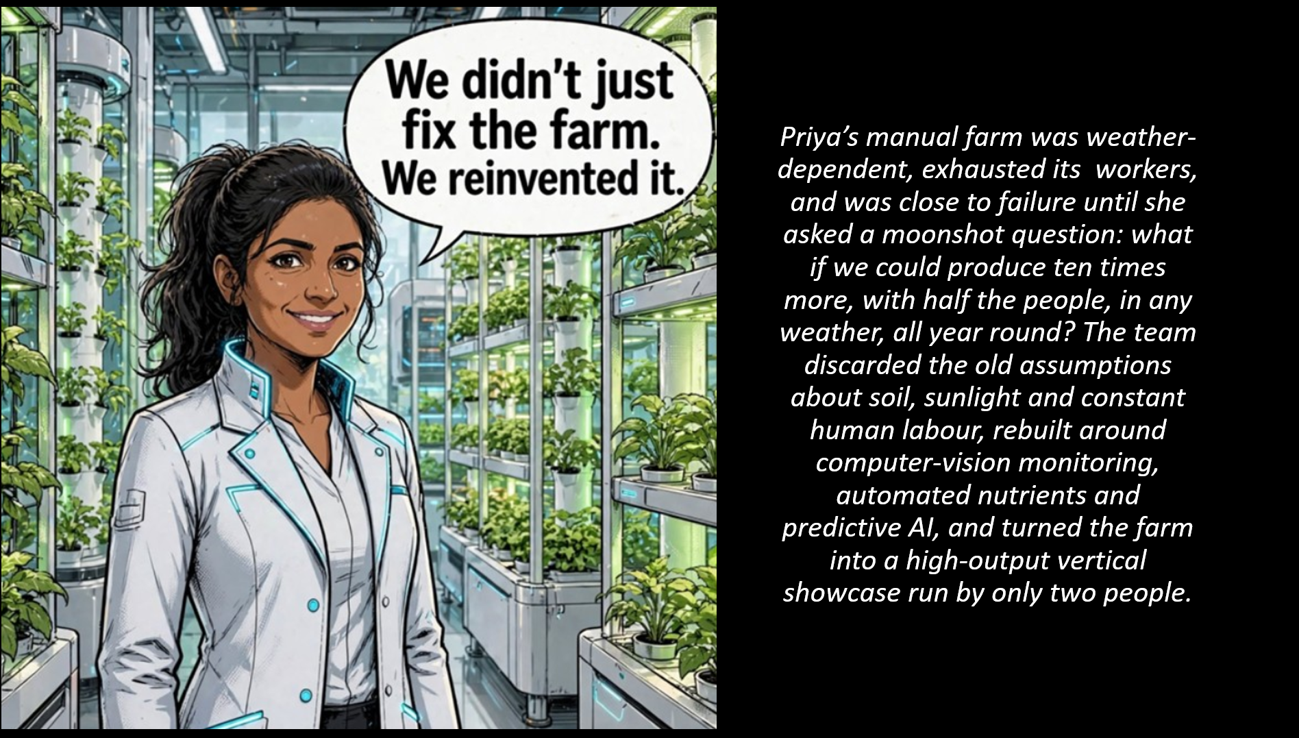 A thriving vertical farm in a climate-controlled hall, with rows of crops under glowing lights and a small team monitoring screens