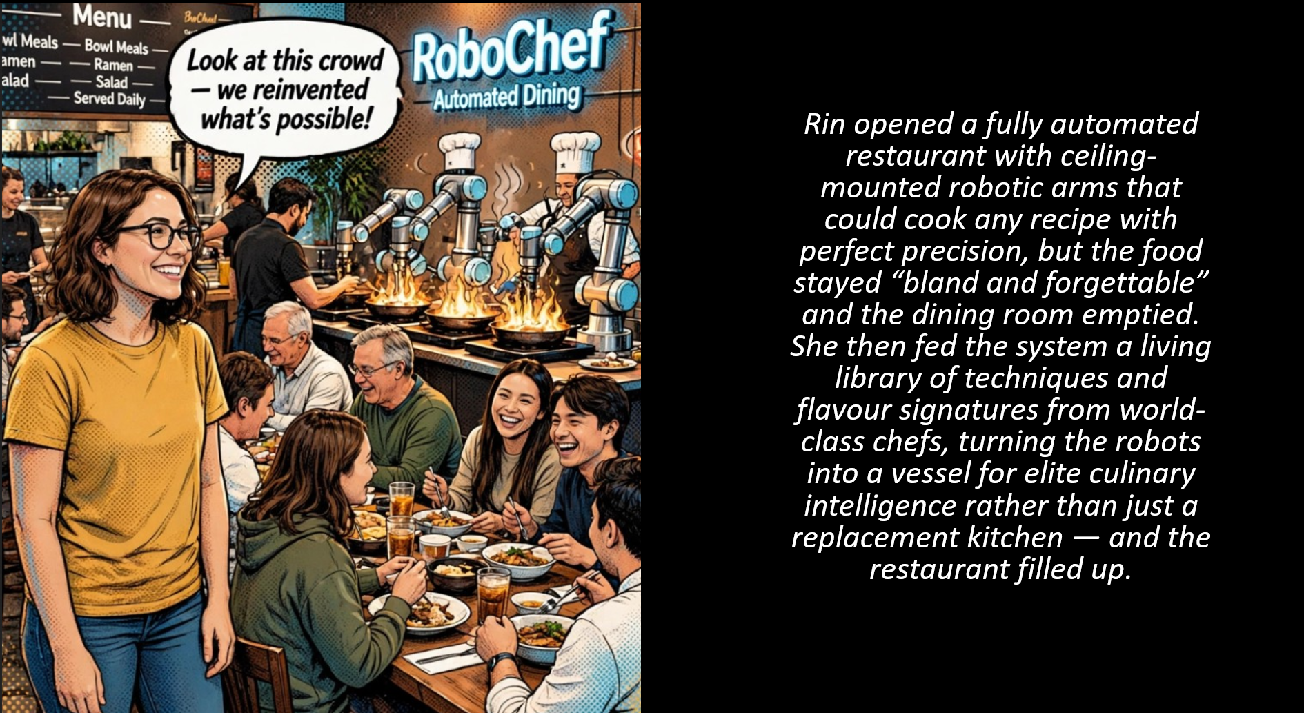A busy, fully booked restaurant where robotic arms in the open kitchen prepare dishes for happy diners