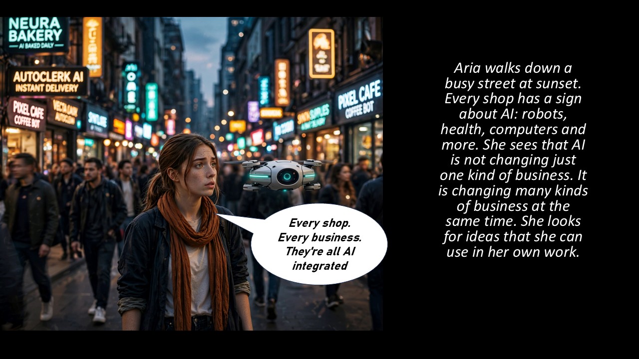 Aria walks down a neon-lit street filled with shops displaying AI-powered signs