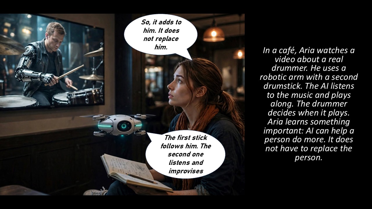 Aria watches a video on a screen in a cafe in which a drummer with a robotic arm is playing