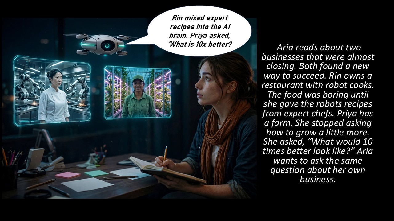 Aria sits at her desk writing in a notebook while two holographic screens show a robot chef and a vertical farm