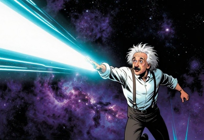 A young person in early-1900s clothes riding alongside a glowing beam of light across a night sky, in sci-fi comic style