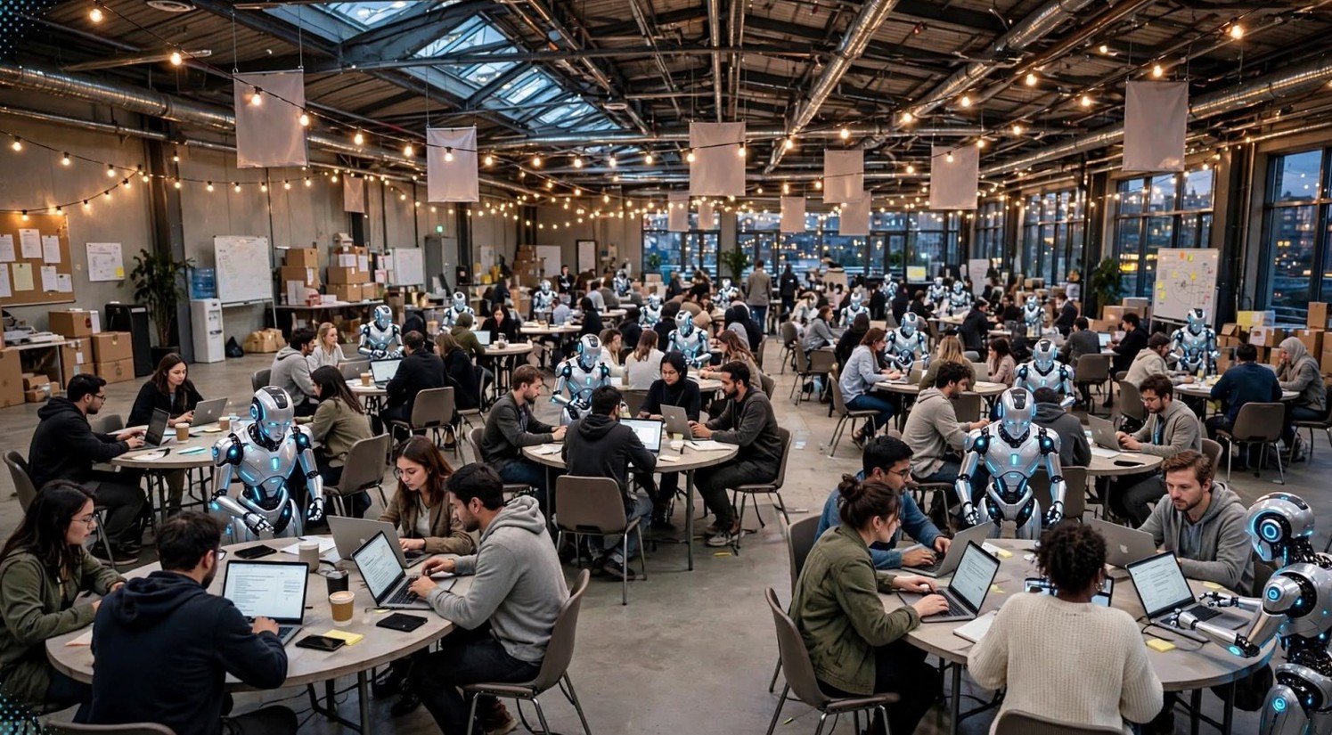 People and friendly androids collaborating around tables in a bright high-tech hall
