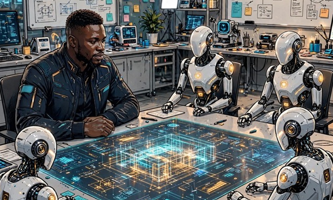 A simulated agentic systems expert directing a team of glowing AI agents across a holographic workflow, in sci-fi comic style