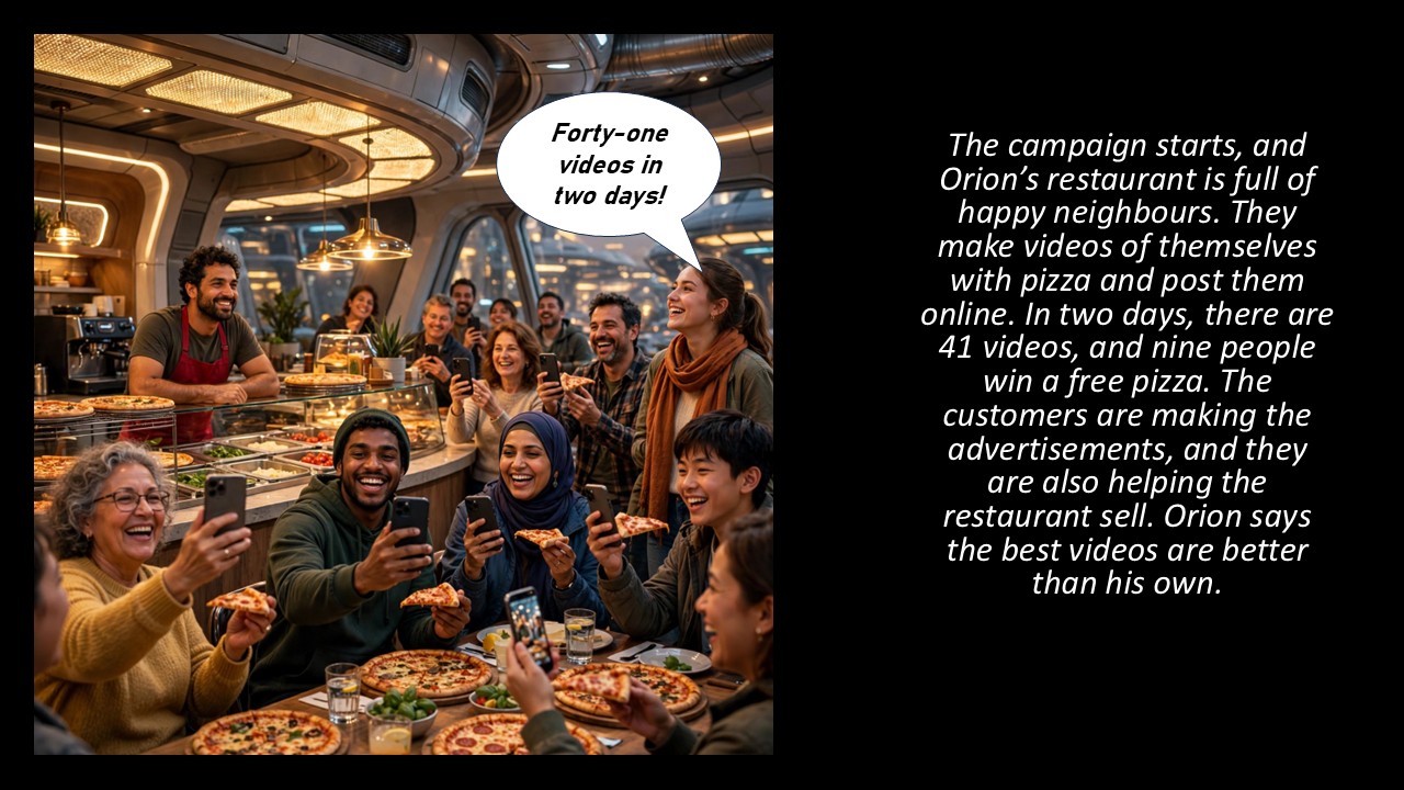 A crowded pizza restaurant where Aria laughs with neighbours taking selfies with their pizzas