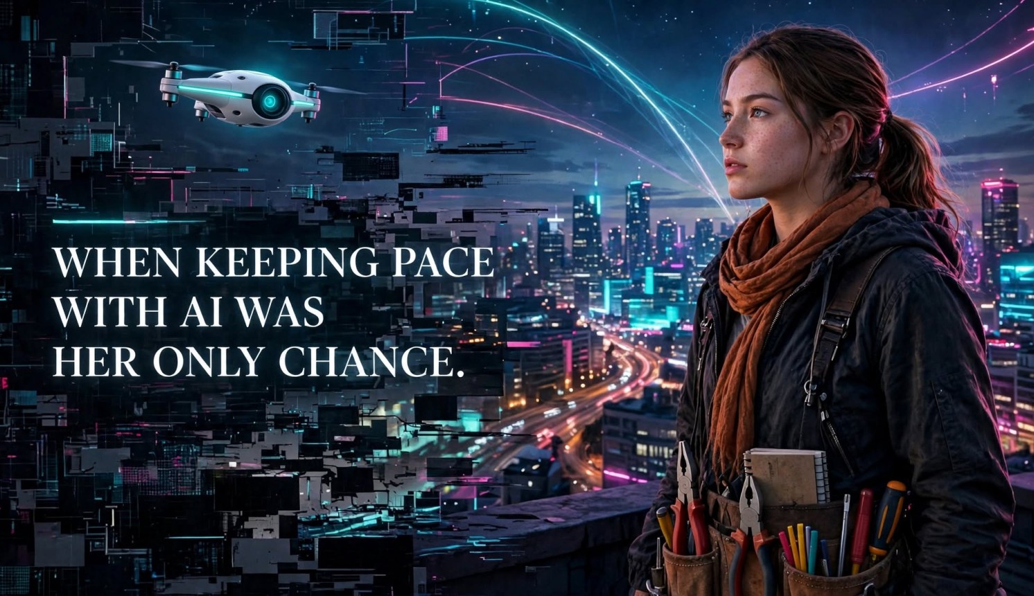 Aria and her drone Kite in the studio where the story begins