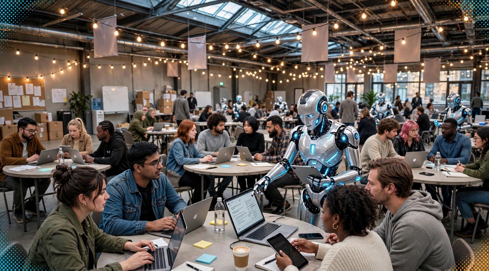 People and friendly androids collaborating around tables in a bright high-tech hall