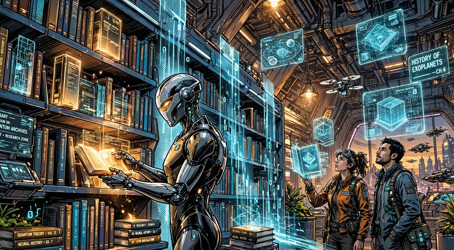 A quiet futuristic library archive with an android archivist among glowing shelves