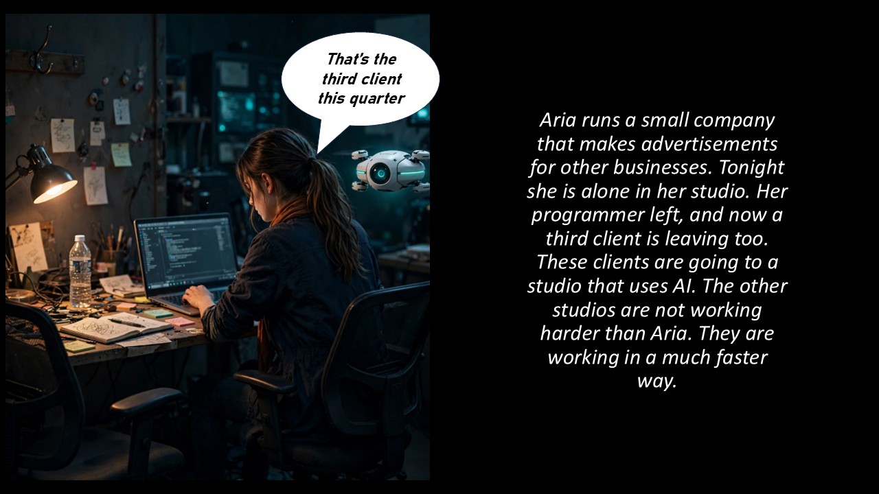 Aria sits alone in her dark studio, facing a laptop, while Kite her drone hovers nearby