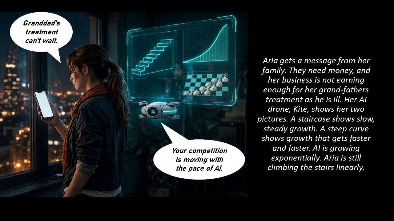 Aria looks at her phone by a window while Kite projects a holographic staircase and a steep exponential curve