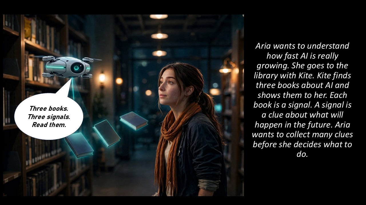 Aria stands in a library while Kite projects three glowing holographic books