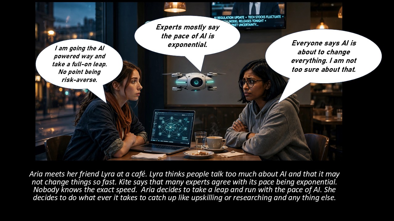 Aria sits at a cafe table with her friend Lyra while Kite hovers between them