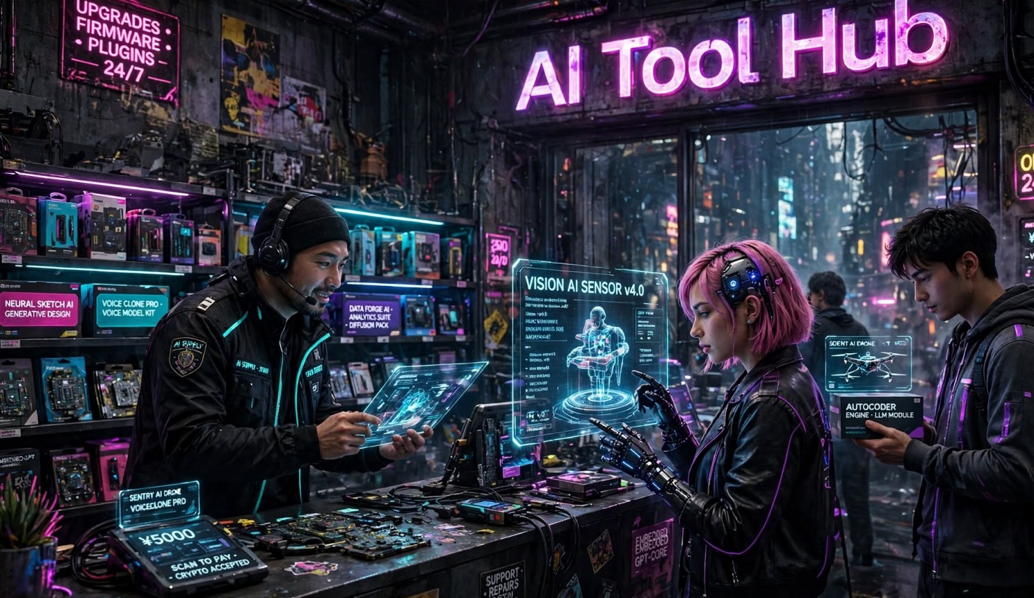 A team around a table watching a short holographic video clip take shape on a glowing screen, in sci-fi comic style